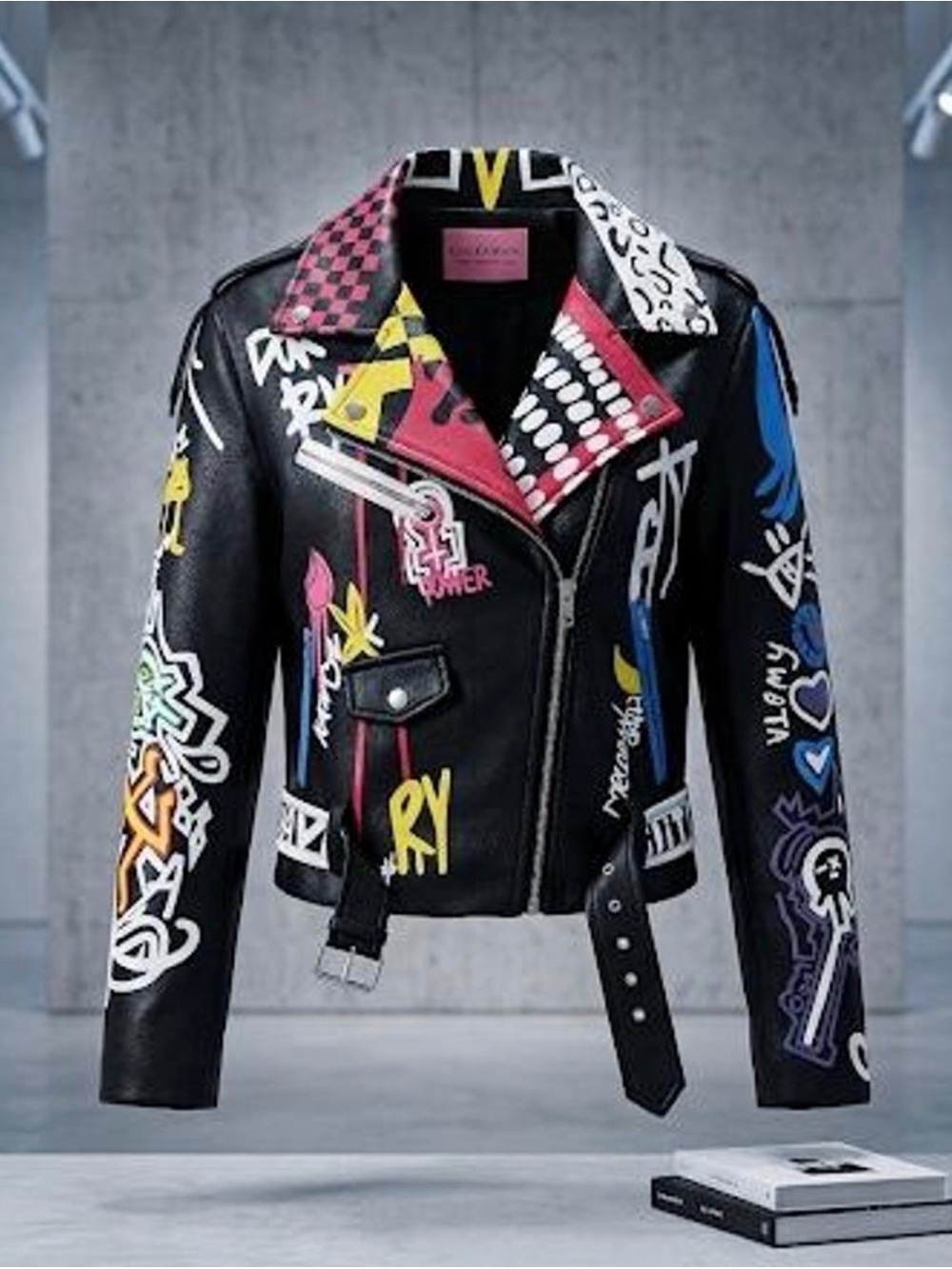 Designer Black Graffiti Leather Biker Jacket - Multicolor Accents